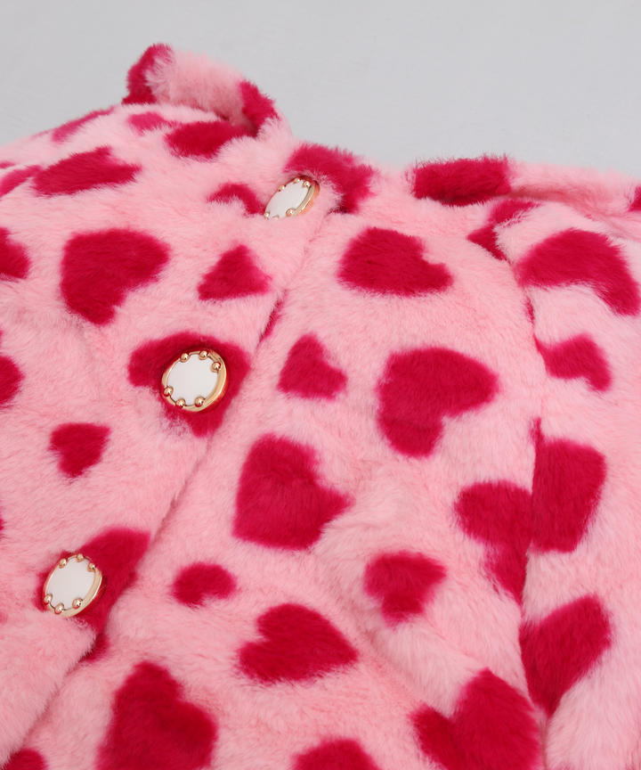 PinkPrinted Hooded Fur Ponchu