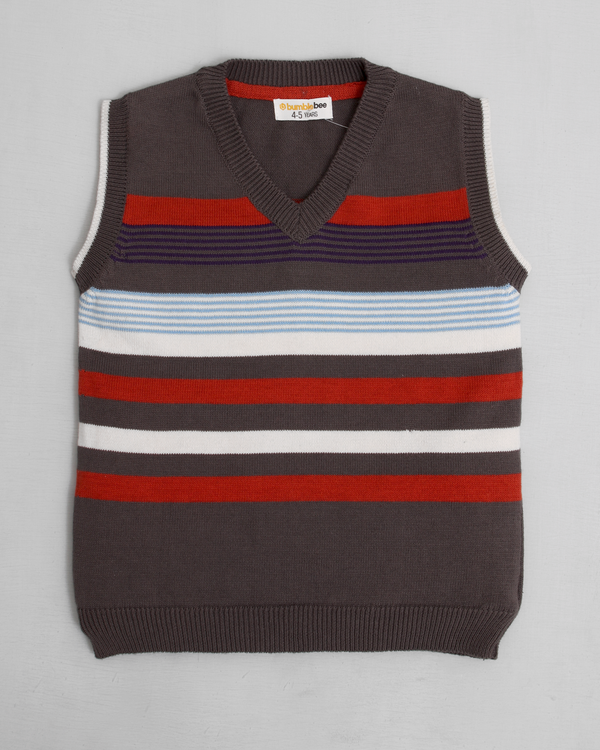 Gray Striped Sleeve Less Sweater